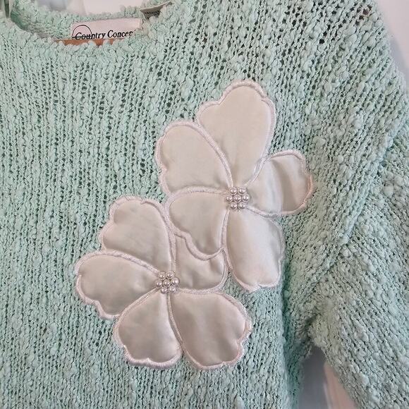 Vintage Floral Sweater Womens Medium Pastel Blue 80s Glam Rock Retro Cottage - Picture 3 of 11